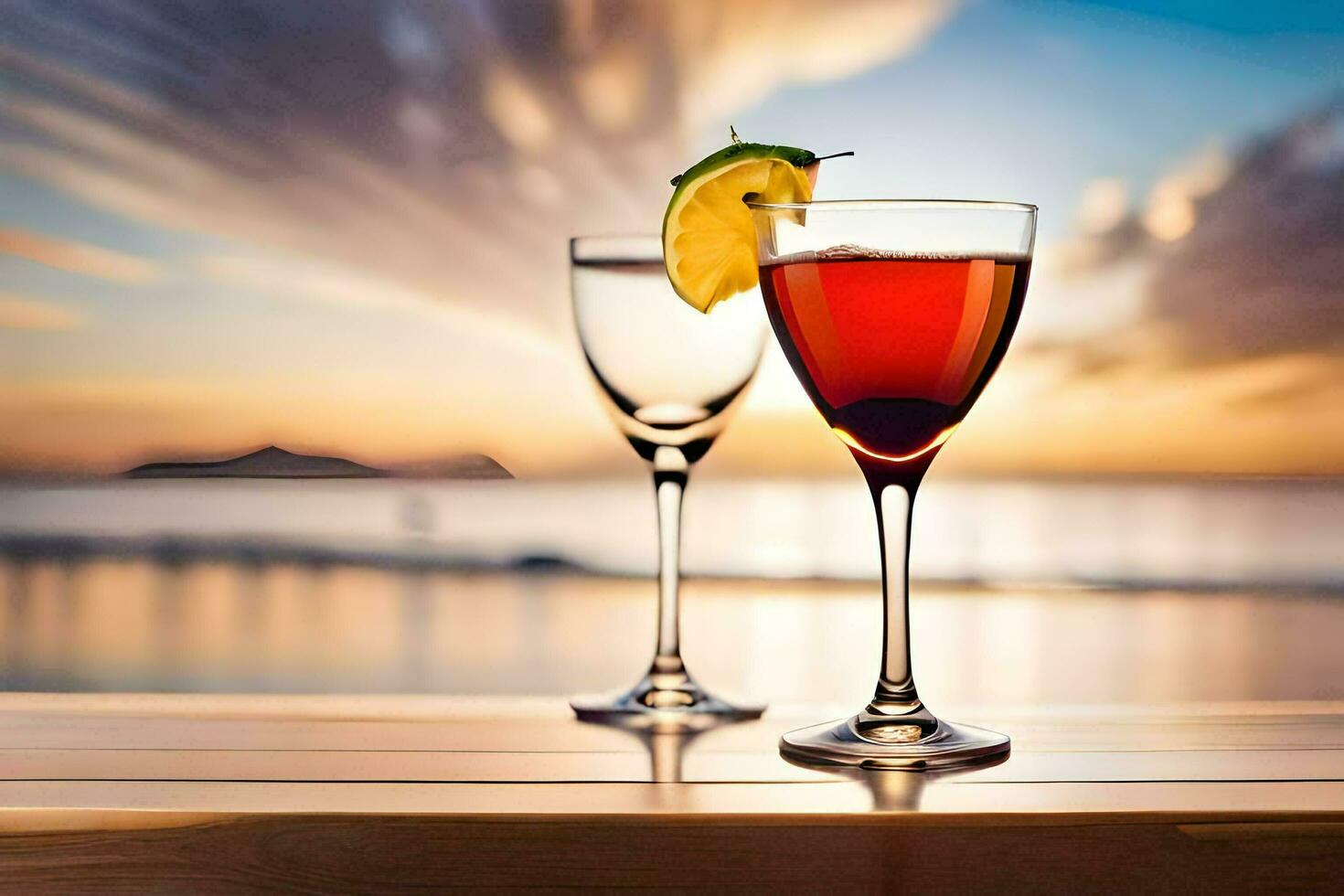 two glasses of wine on a table with a sunset in the background. AI-Generated photo