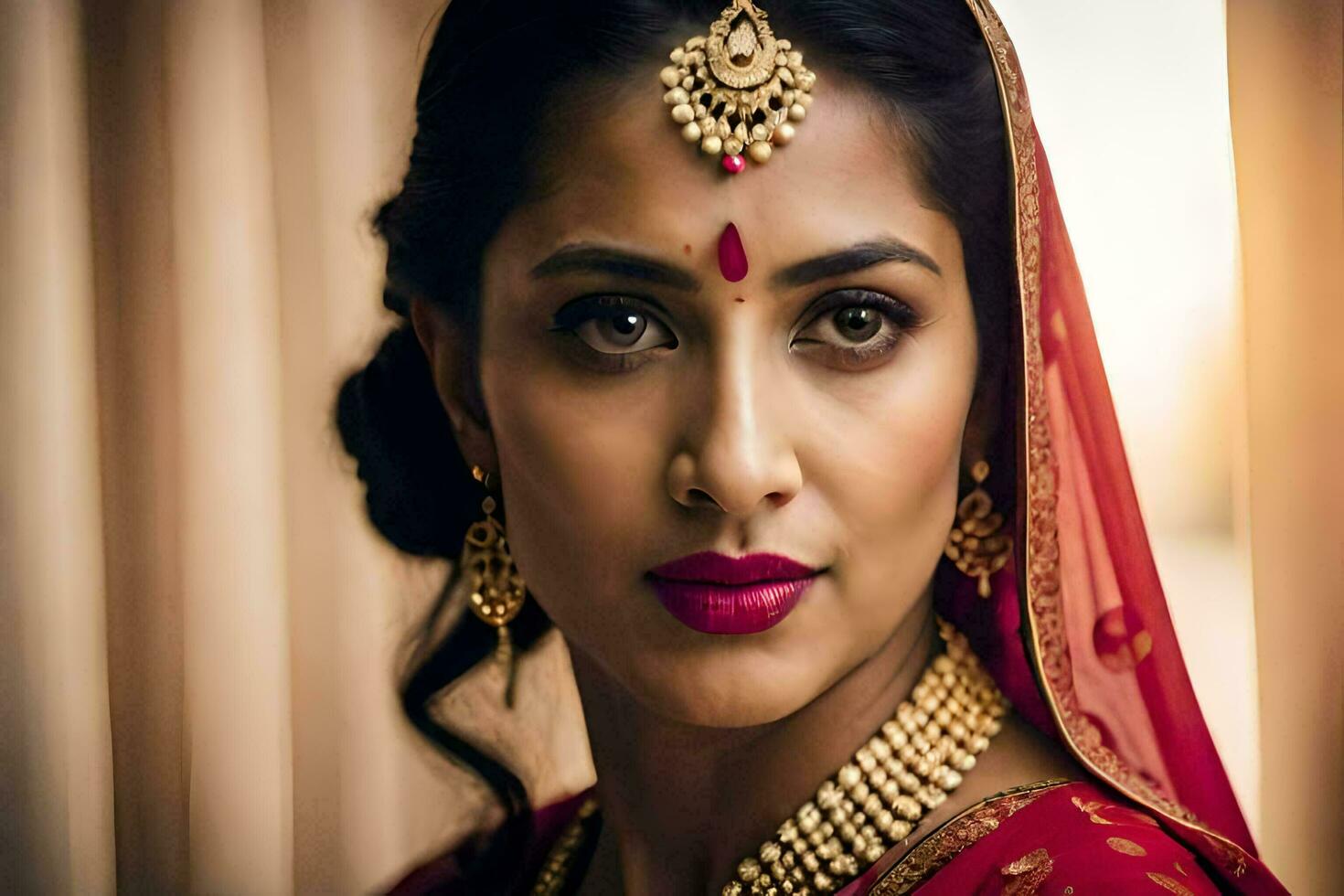 a beautiful indian bride in red and gold. AI-Generated photo