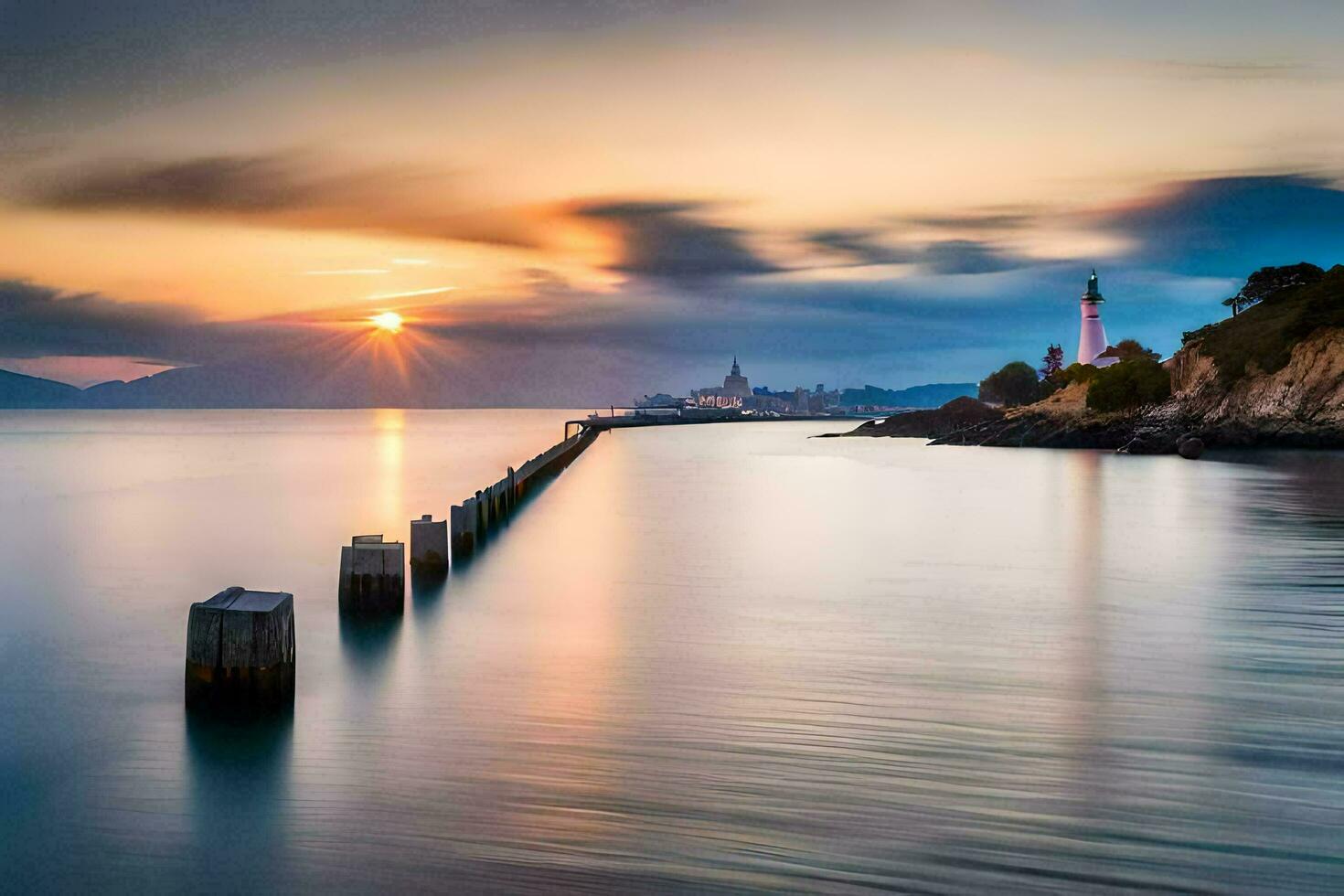 un largo exposición fotografía de un faro en el agua. generado por ai foto