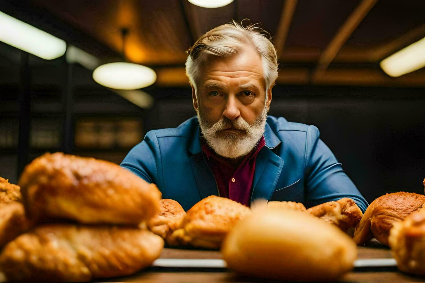 a man with a beard and a blue suit is sitting in front of a table with croiss. AI-Generated photo