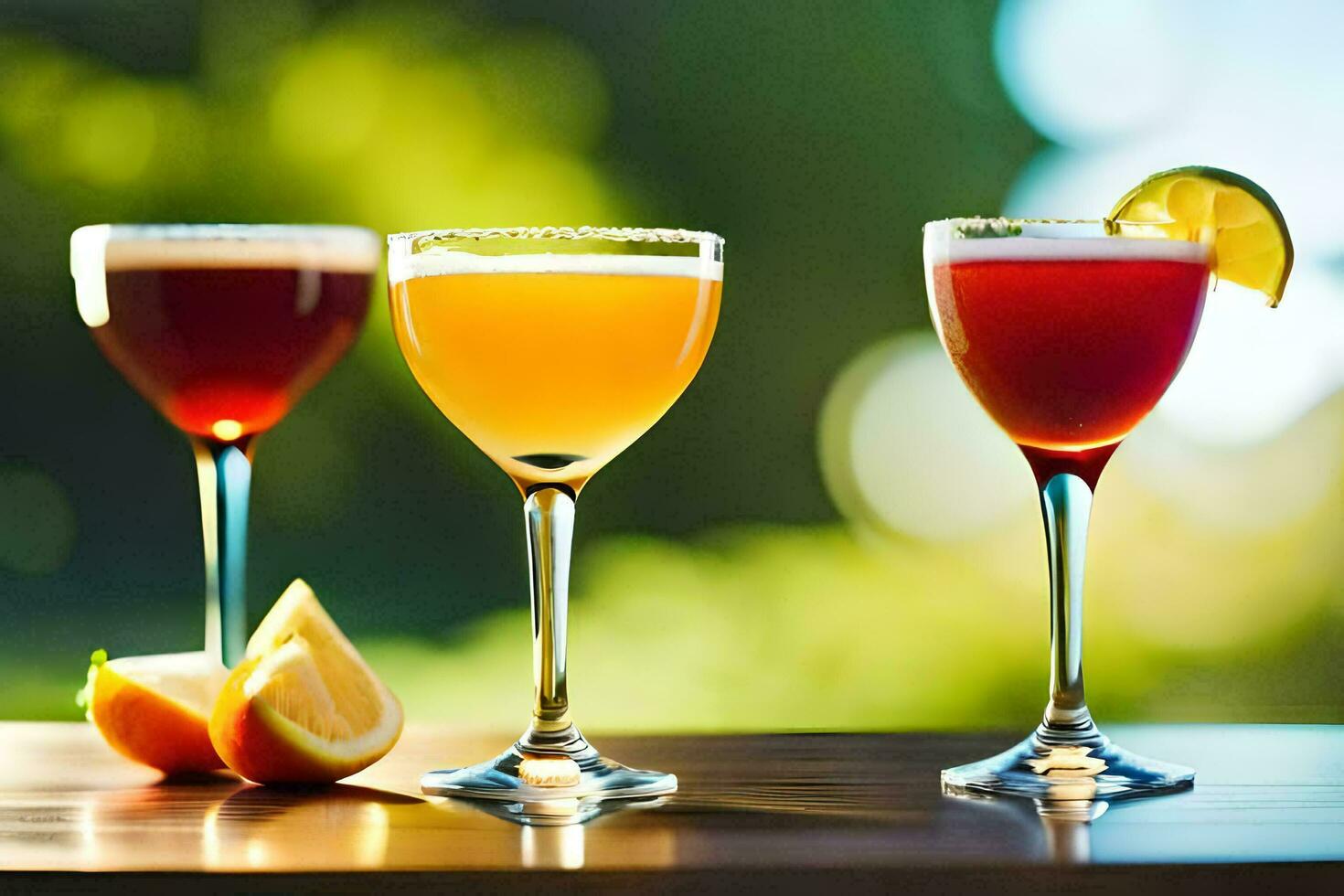 three different cocktails are shown on a table. AI-Generated photo