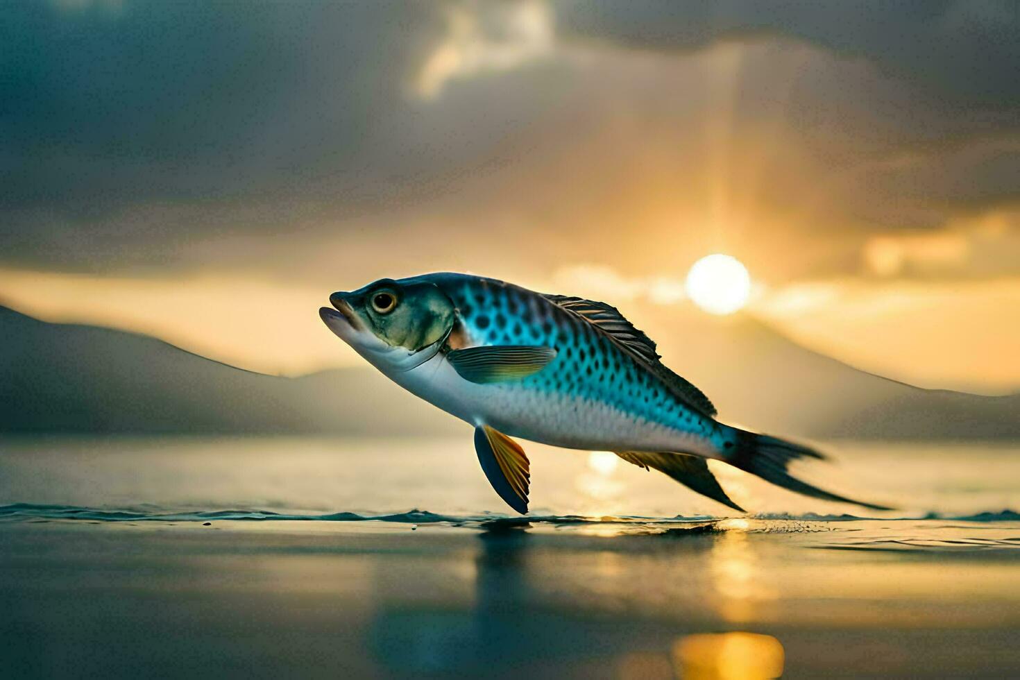 a fish is jumping out of the water at sunset. AI-Generated photo