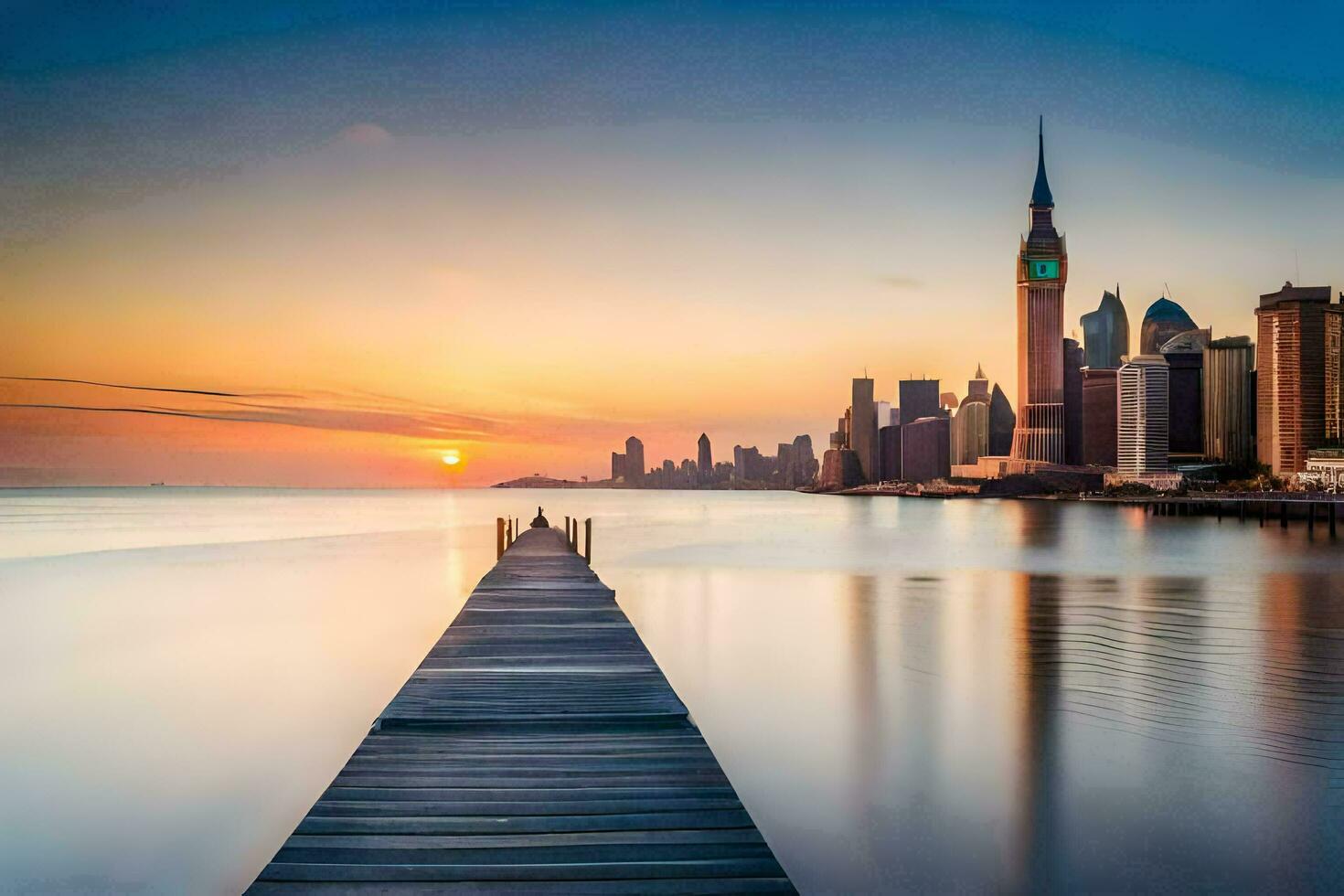 a pier in the middle of the ocean with a city skyline in the background. AI-Generated photo