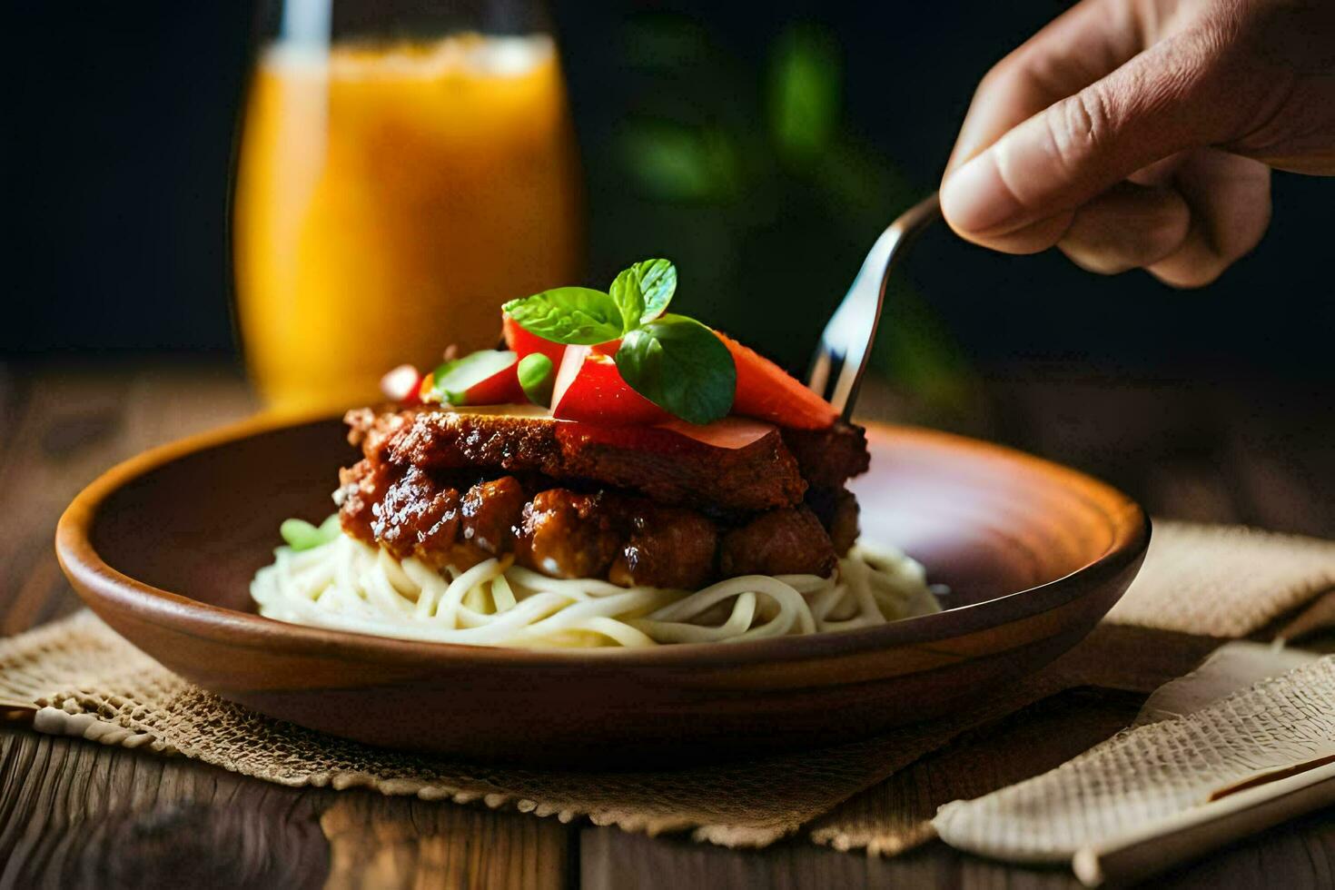 a plate of spaghetti with meat and vegetables on top. AI-Generated photo