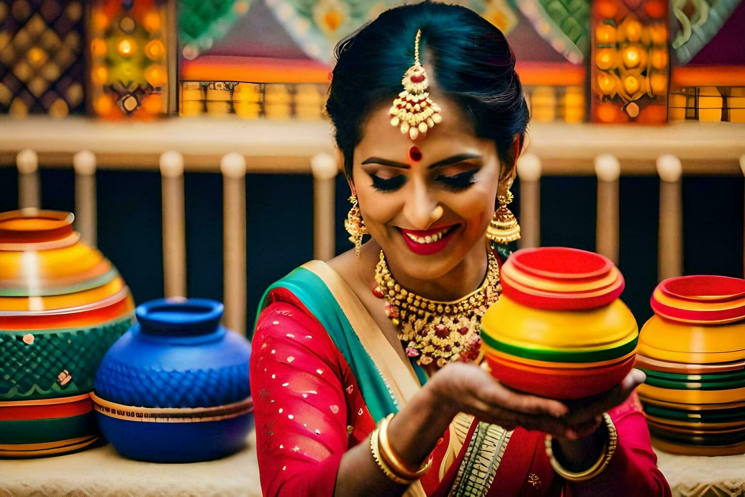 a woman in traditional indian attire holding a pot. AI-Generated photo