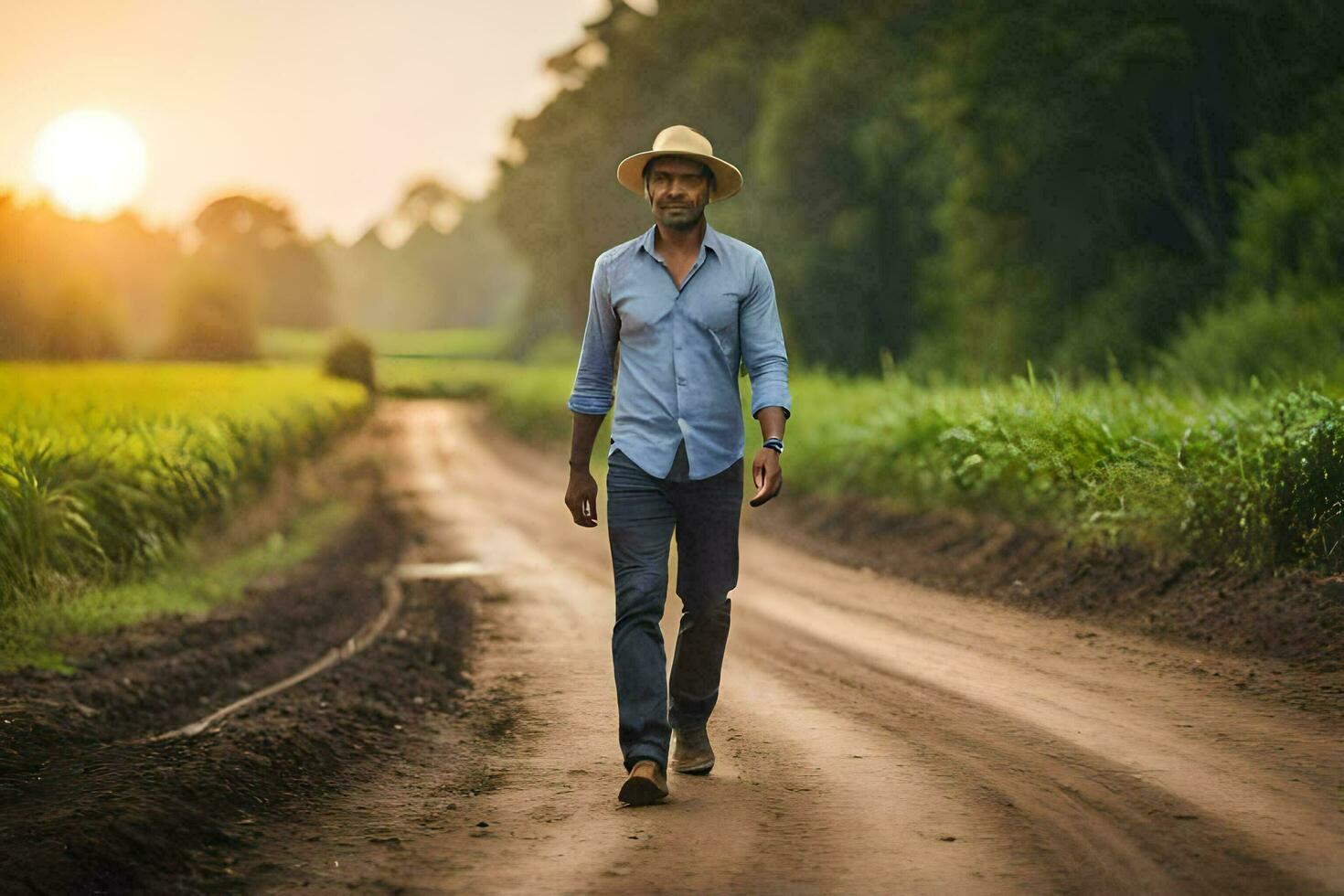 a man in a hat walks down a dirt road. AI-Generated photo