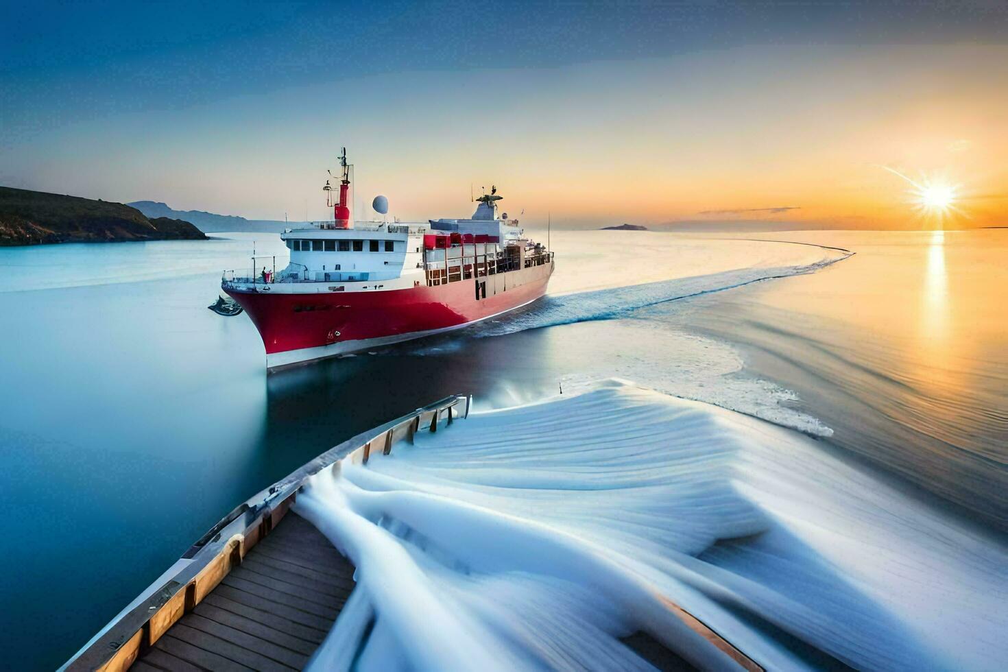 a red and white ship sailing through the ocean. AI-Generated photo