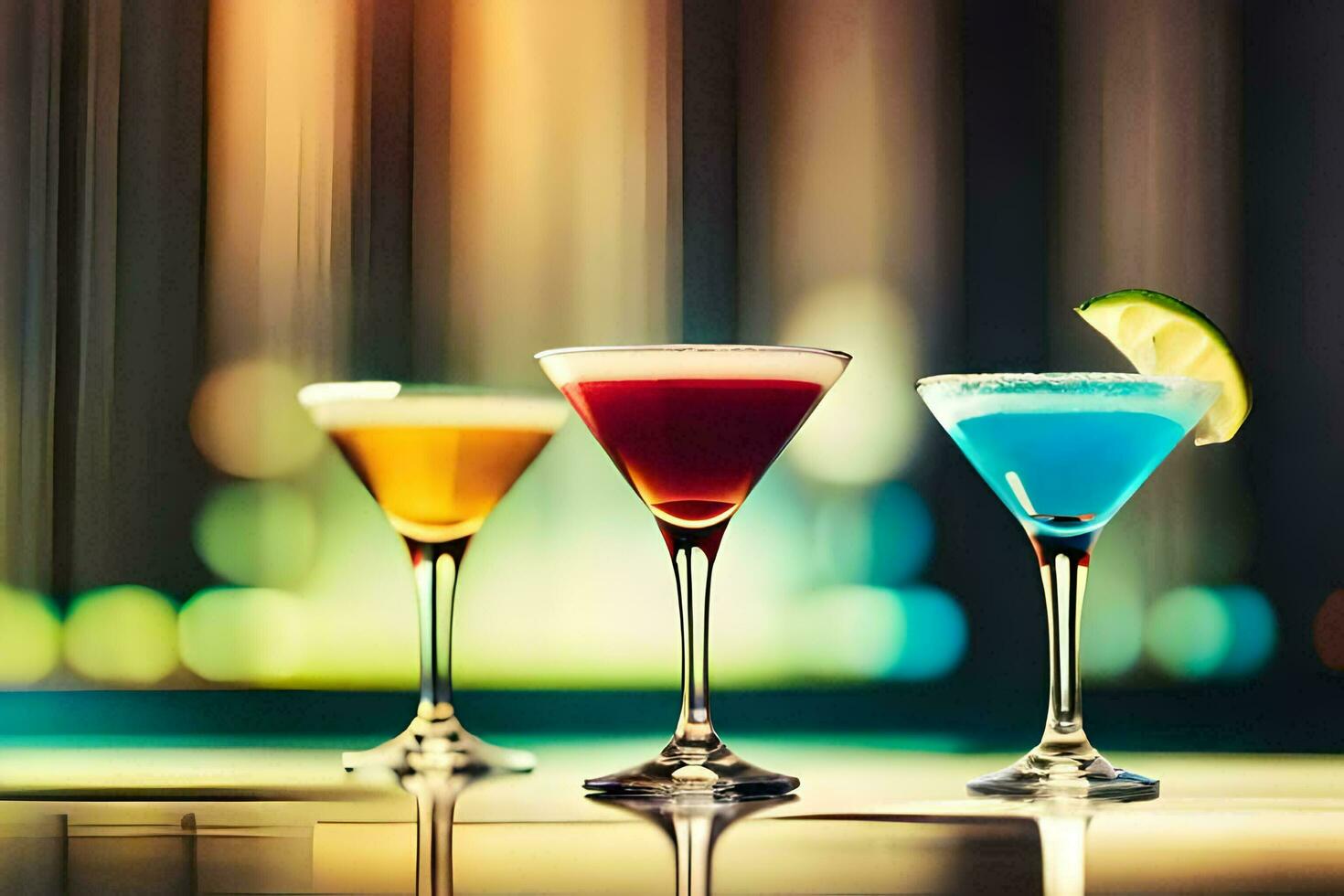 three different colored cocktails in glasses on a bar. AI-Generated photo