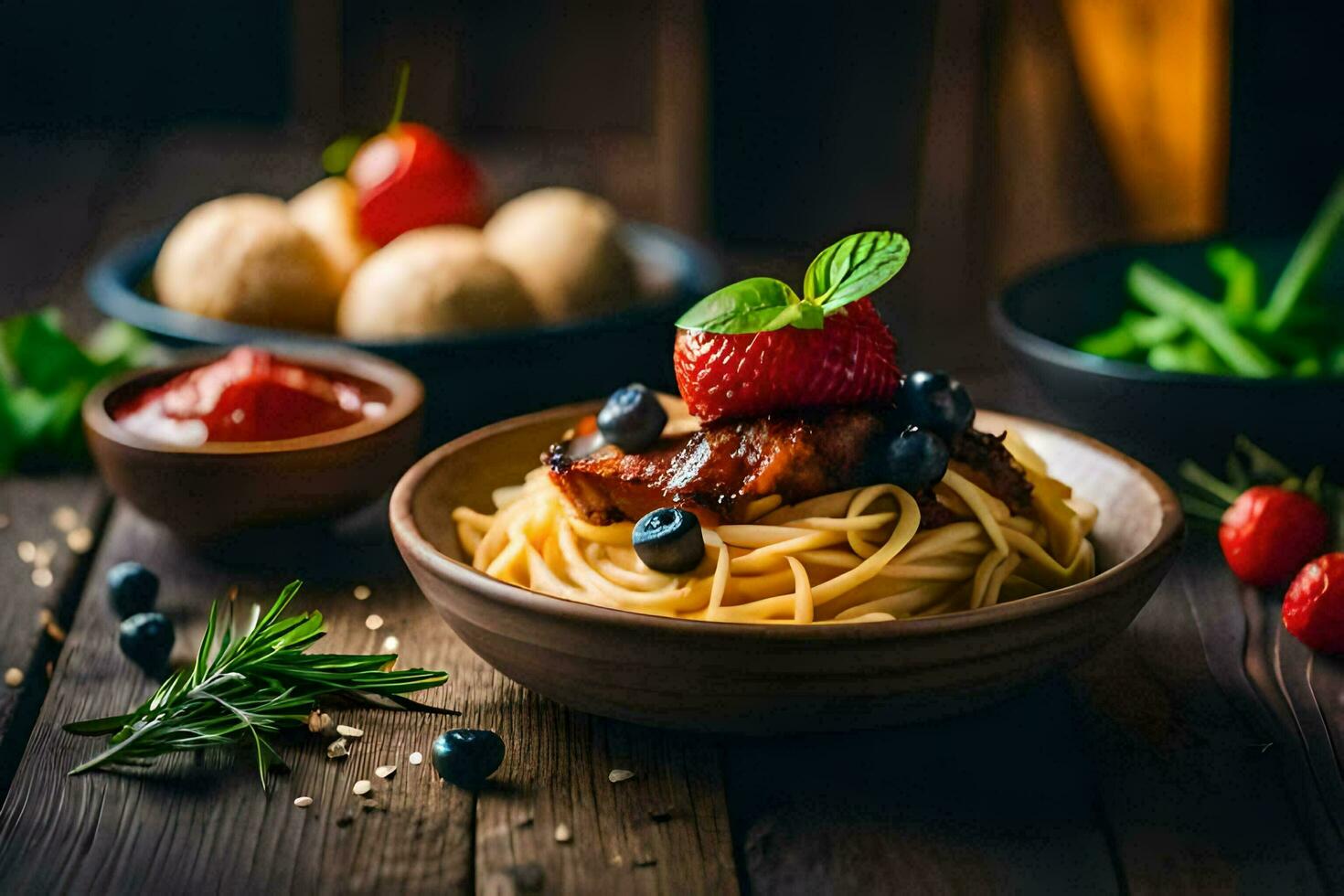 spaghetti with meatballs and berries on a wooden table. AI-Generated photo