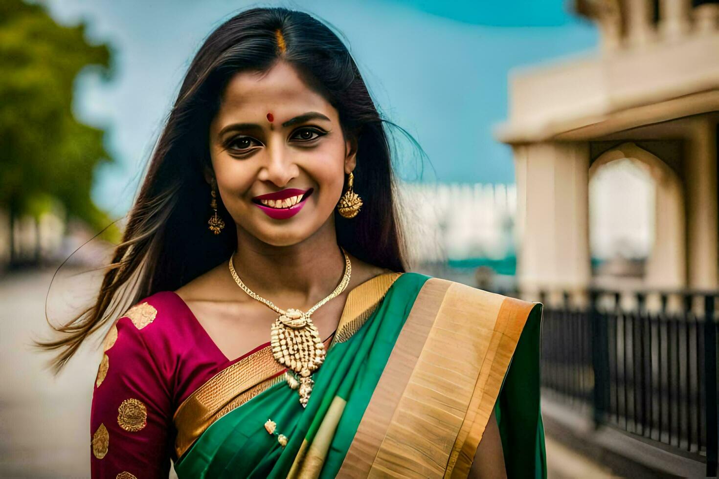 a beautiful woman in a green and red sari. AI-Generated photo