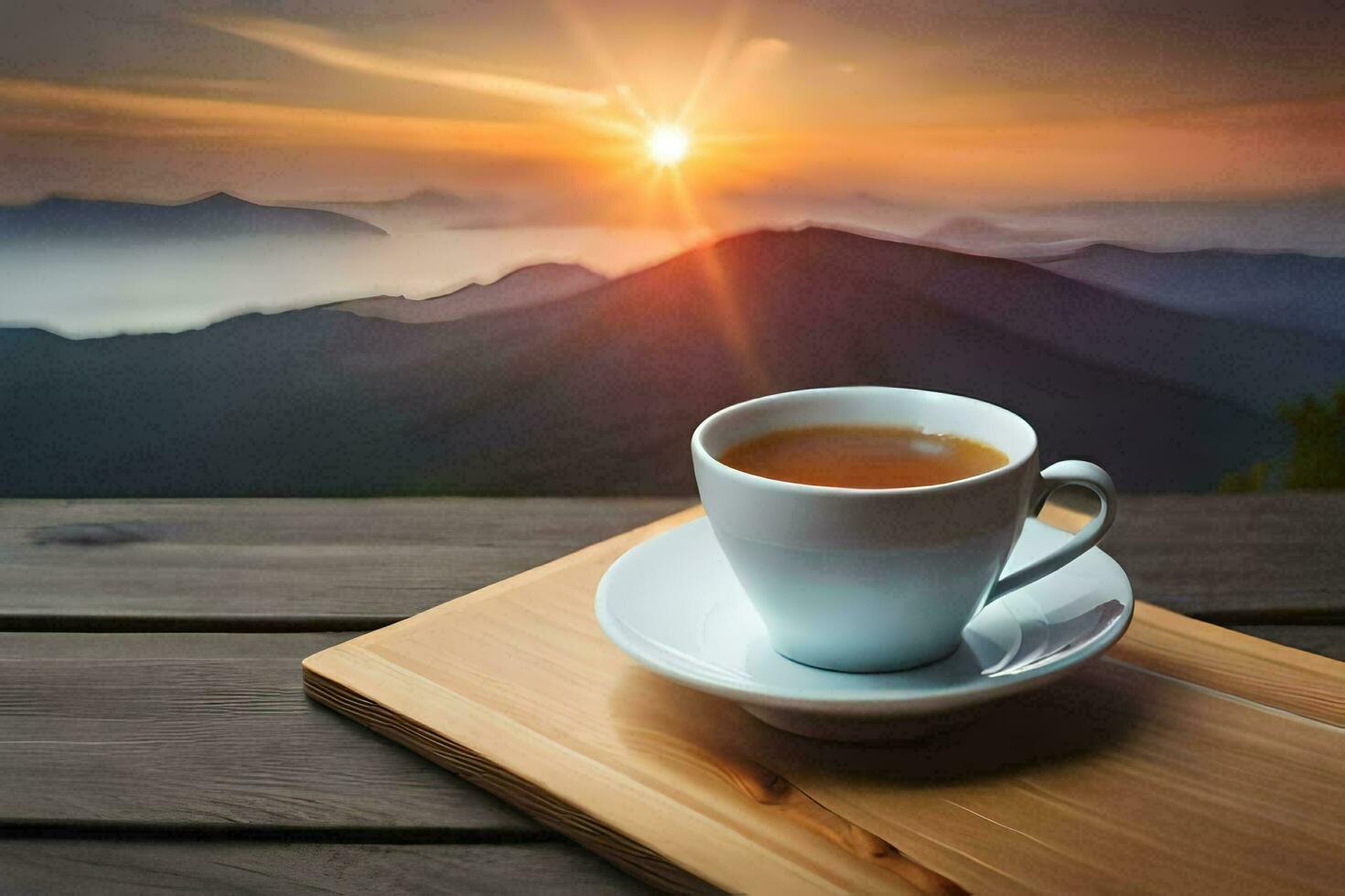 a cup of tea on a wooden table in front of a mountain view. AI-Generated photo