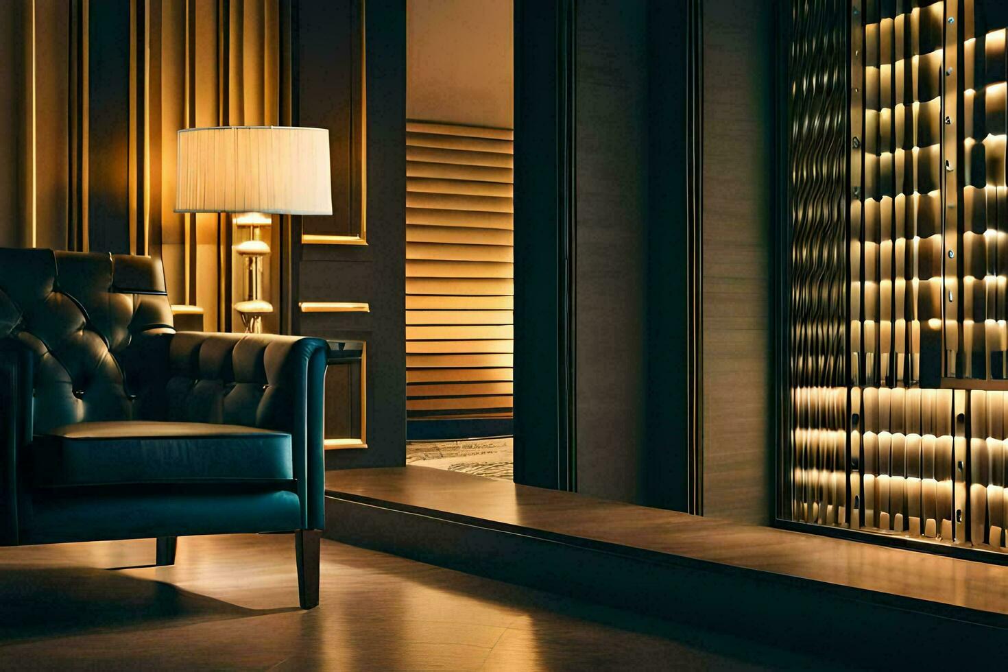 a chair and lamp in a room with a wall of glass. AI-Generated photo
