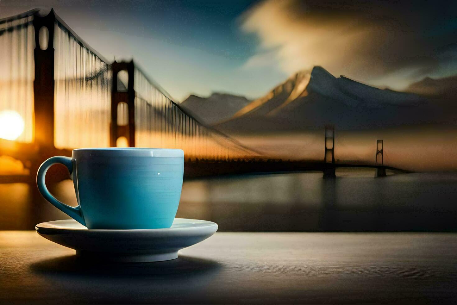 the golden gate bridge, coffee, cup, sunrise, hd wallpaper. AI-Generated photo