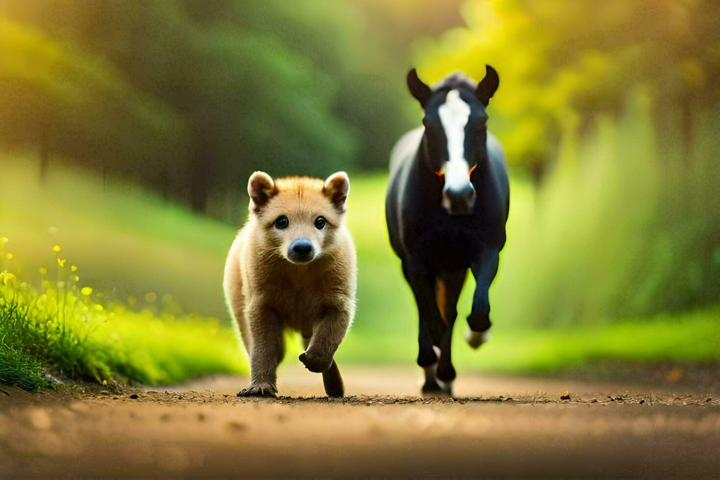 un caballo y un perro corriendo abajo un camino. generado por ai foto