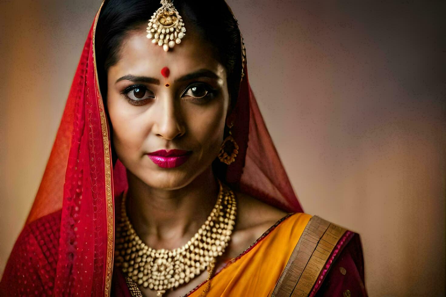 a beautiful indian woman wearing a red sari. AI-Generated photo