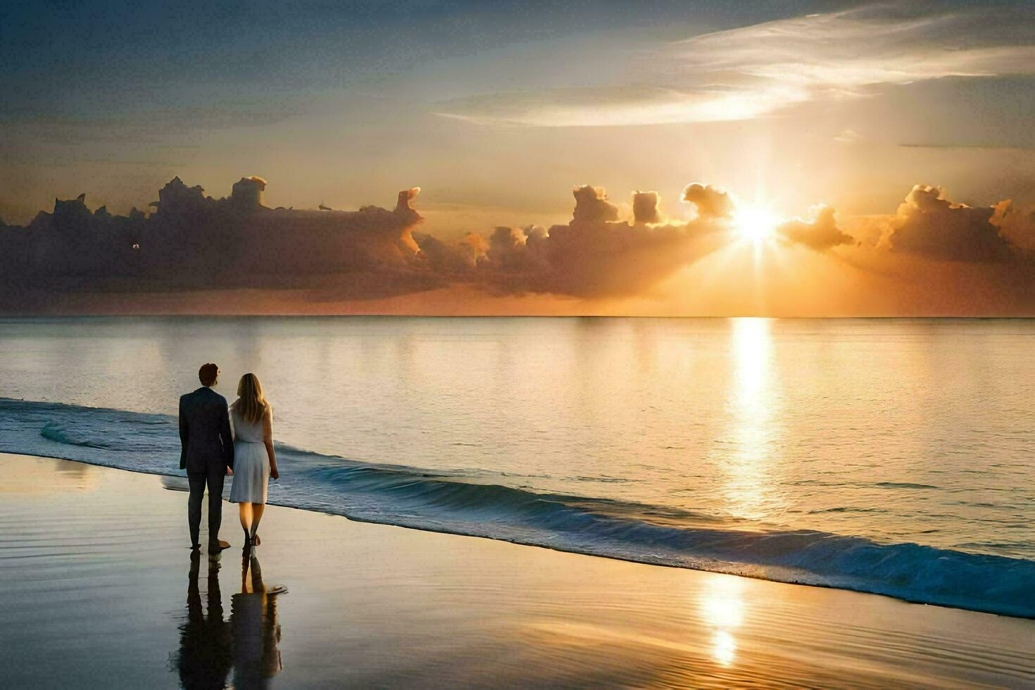a couple walks along the beach at sunset. AI-Generated photo