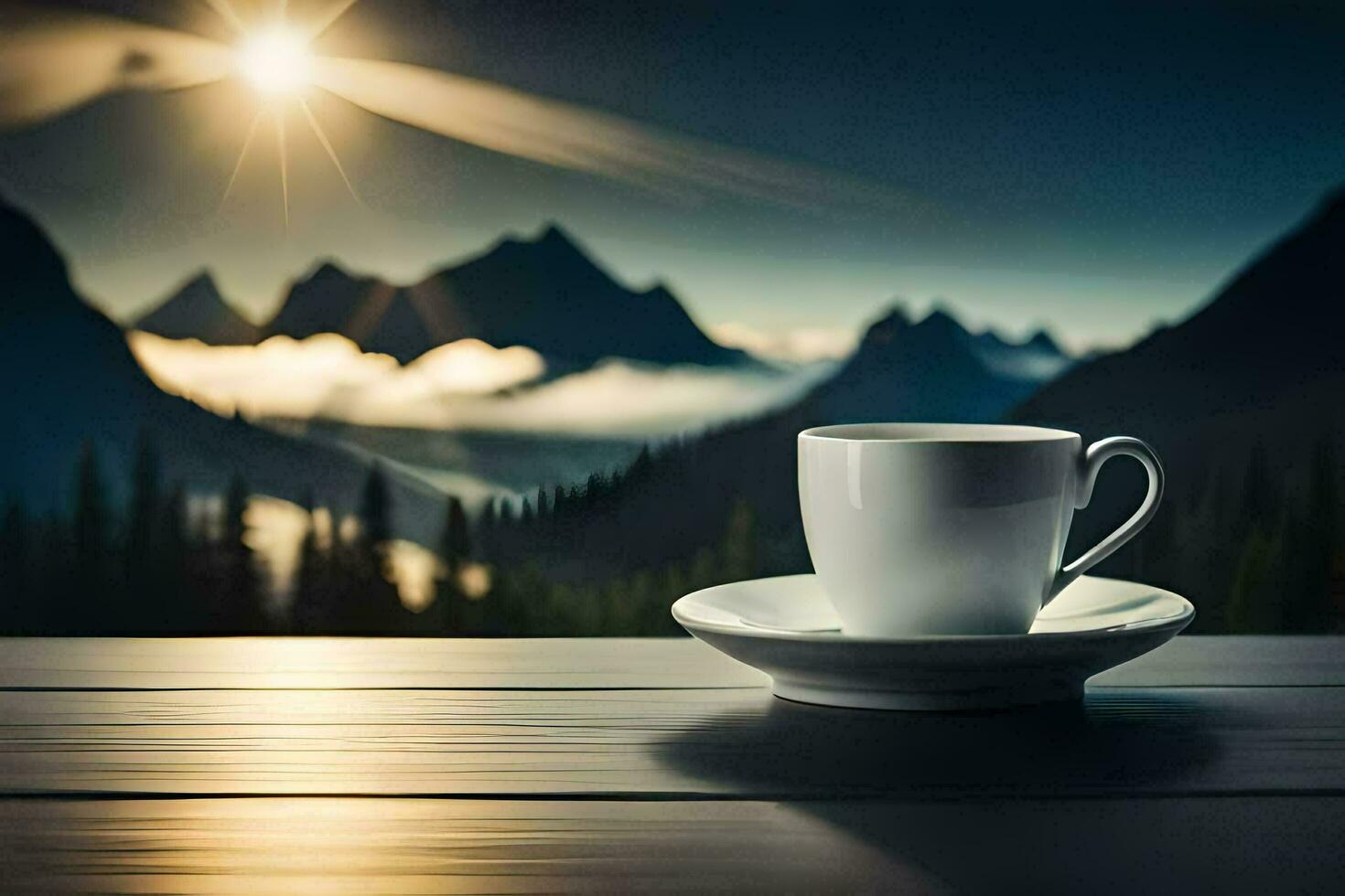 coffee cup on the table, mountains, sunrise, hd wallpaper. AI-Generated photo