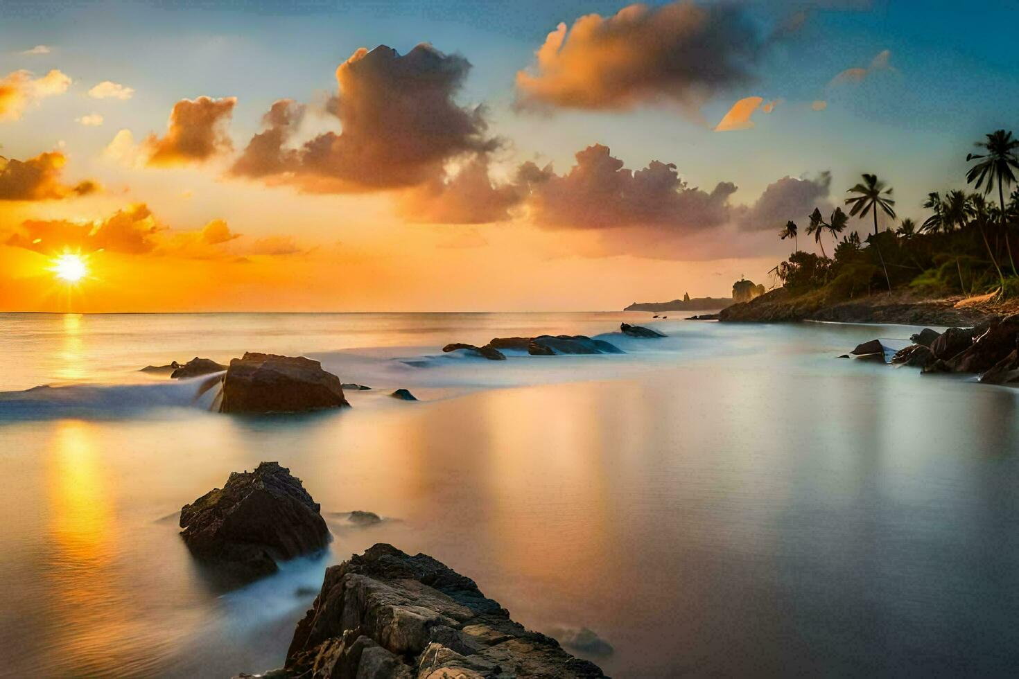 the sun sets over the ocean and rocks in the foreground. AI-Generated photo