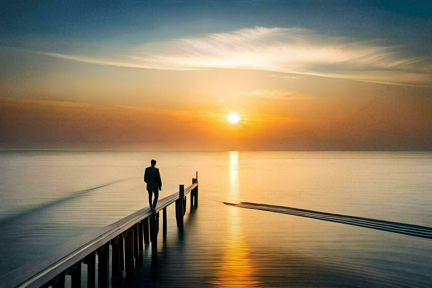 a man standing on a pier at sunset. AI-Generated photo