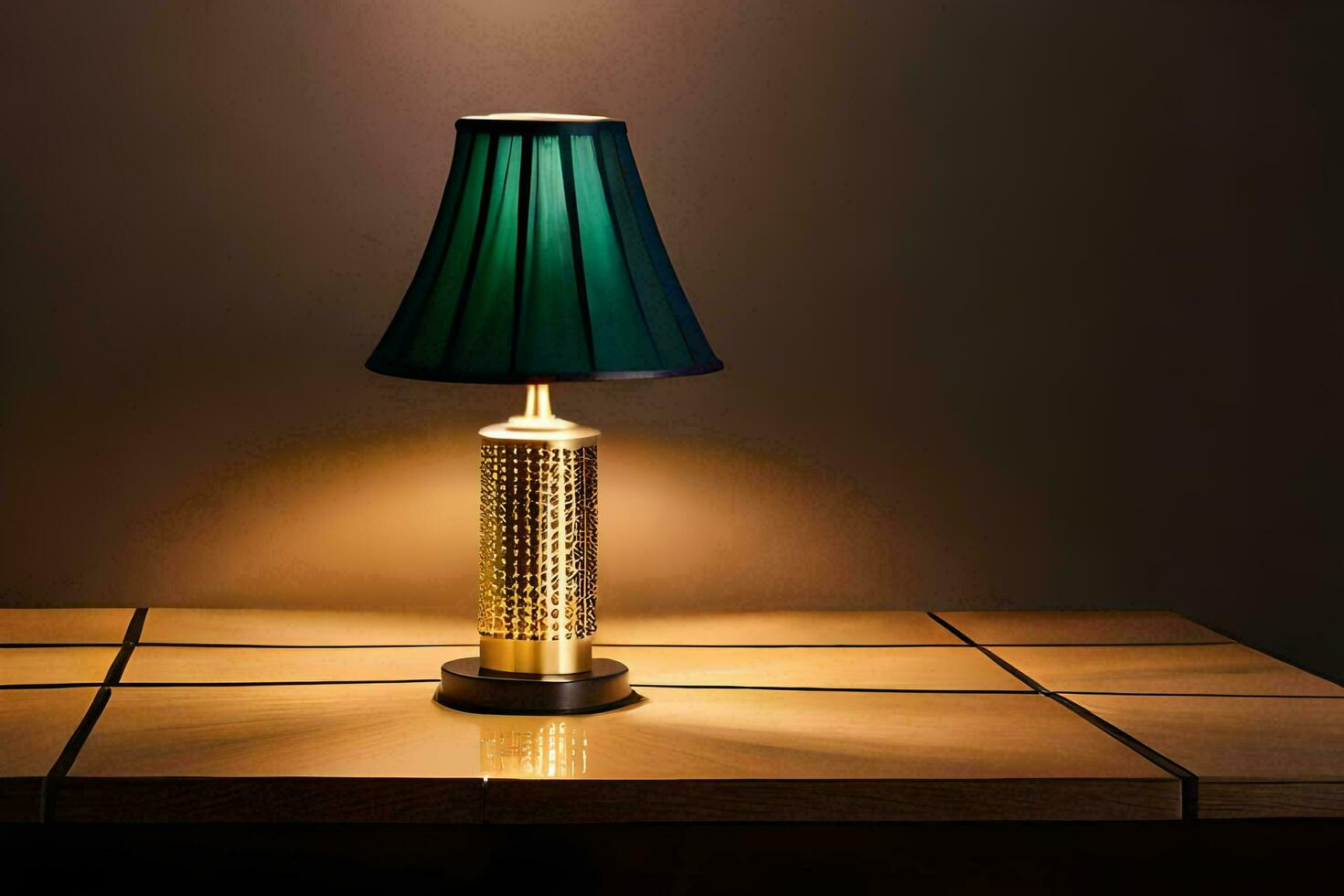 un verde lámpara en un de madera mesa. generado por ai foto