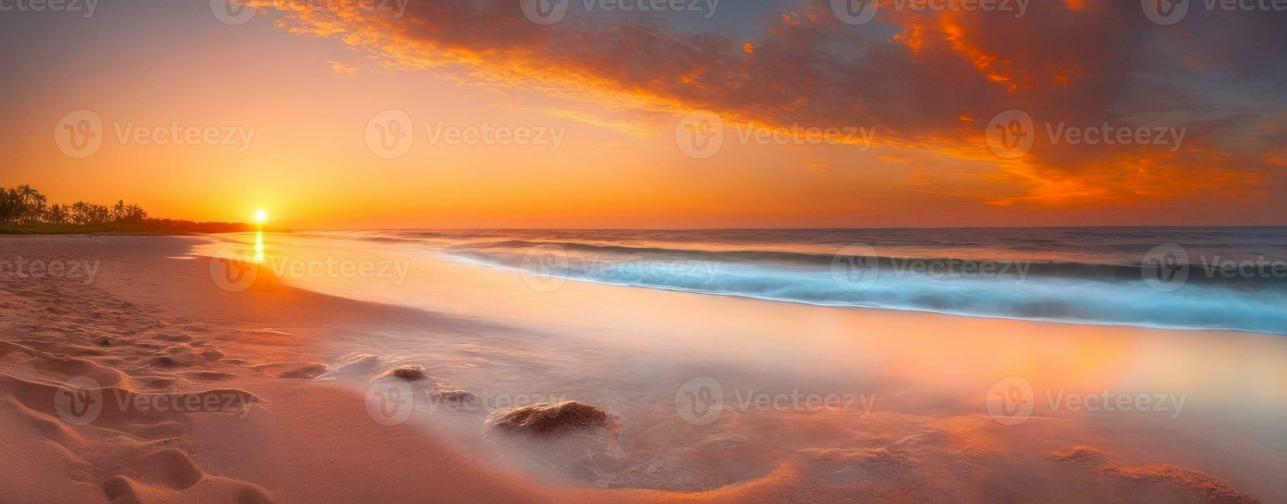 Panoramic Beach Bliss, Tropical Sunset Seascape, AI Generated photo