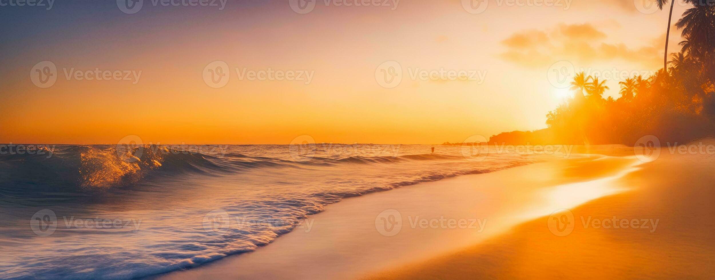 Tranquil Horizon, Golden Sunset by the Beach, AI Generated photo