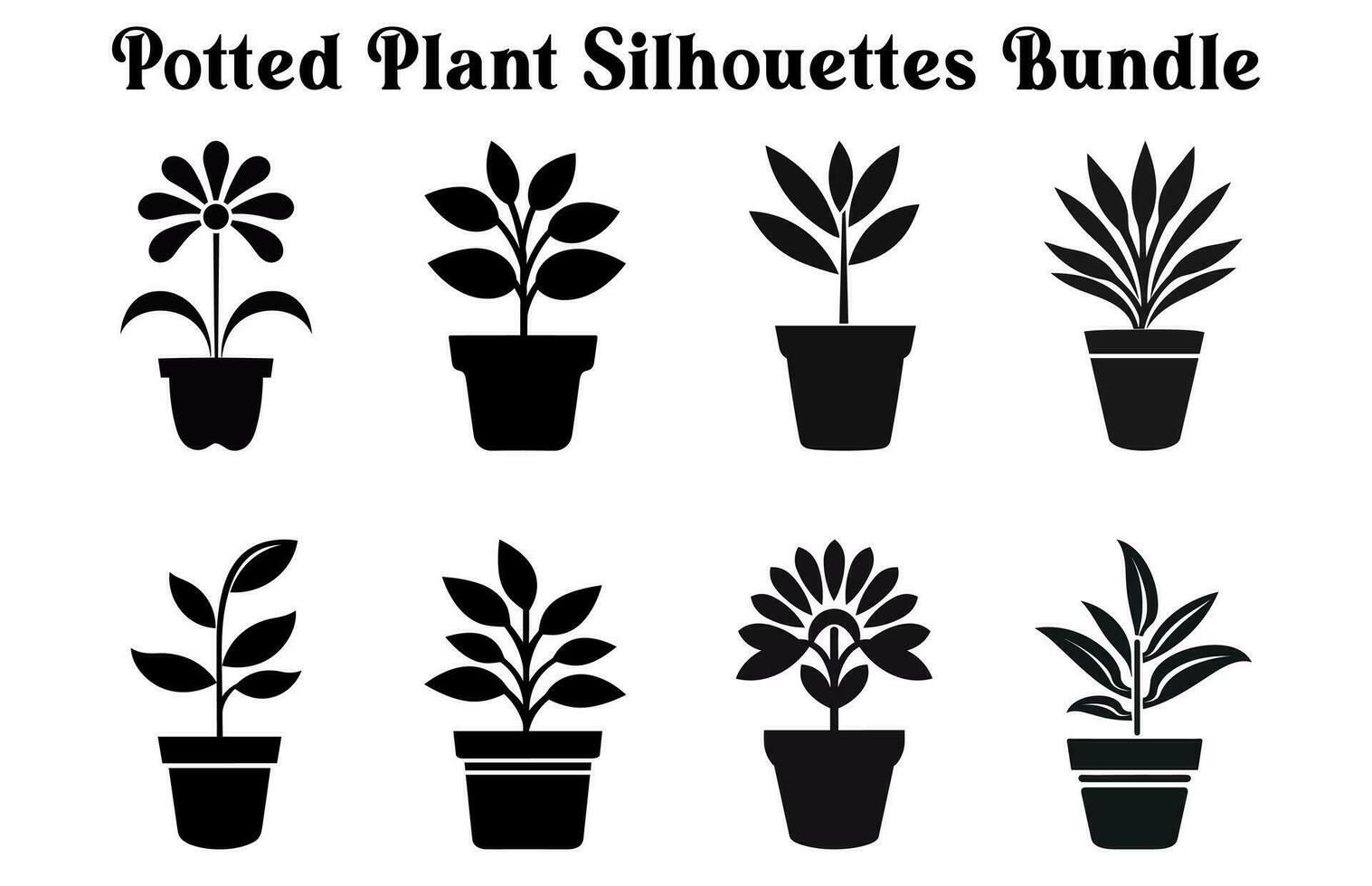 Free Vector potted plants silhouette Set, Black and white Potted Desert plant Clipart Collection,  Indoor plant in pots