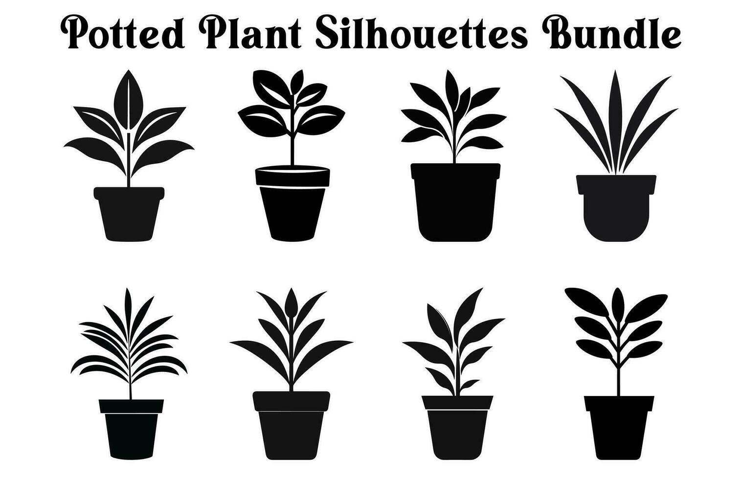 Free Vector potted plants silhouette Set, Black and white Potted Desert plant Clipart Collection,  Indoor plant in pots