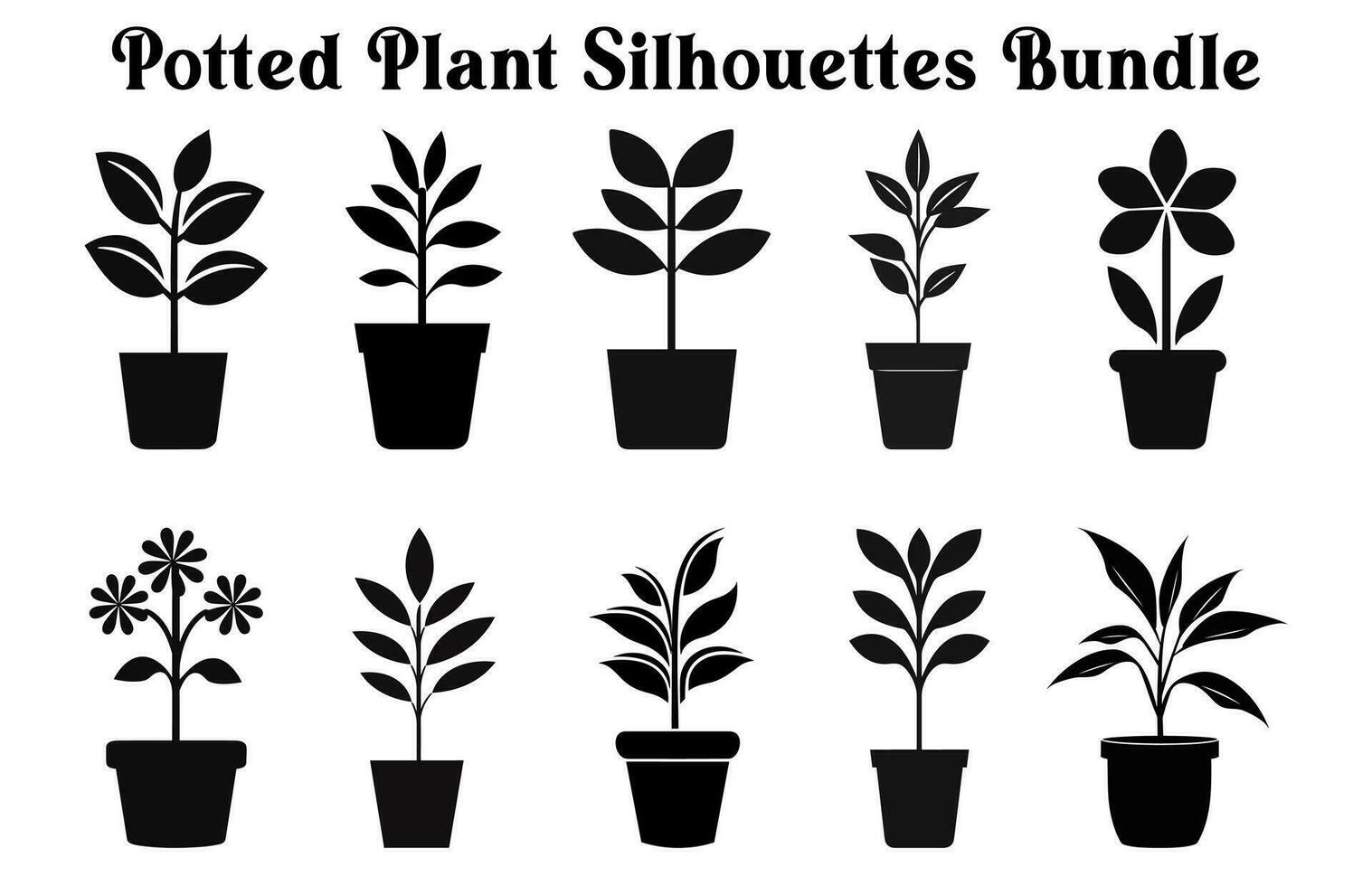 Free Vector potted plants silhouette Set, Black and white Potted Desert plant Clipart Collection,  Indoor plant in pots