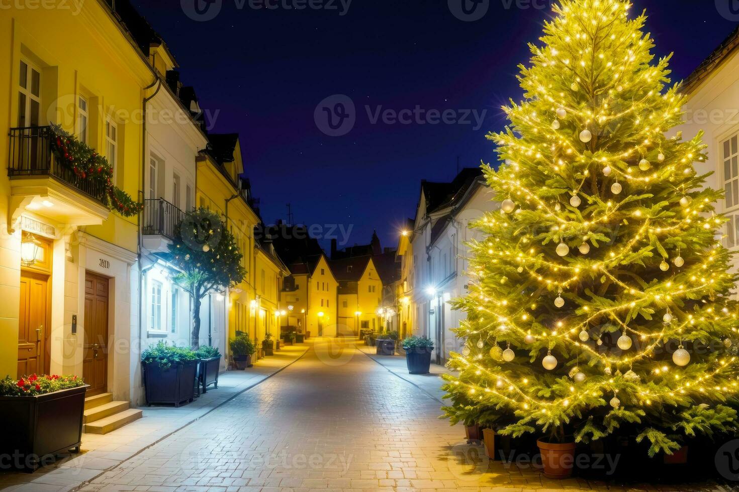 Enchanting Christmas Tree Decoration on a Festive Night Street Holiday Lights, AI Generated photo