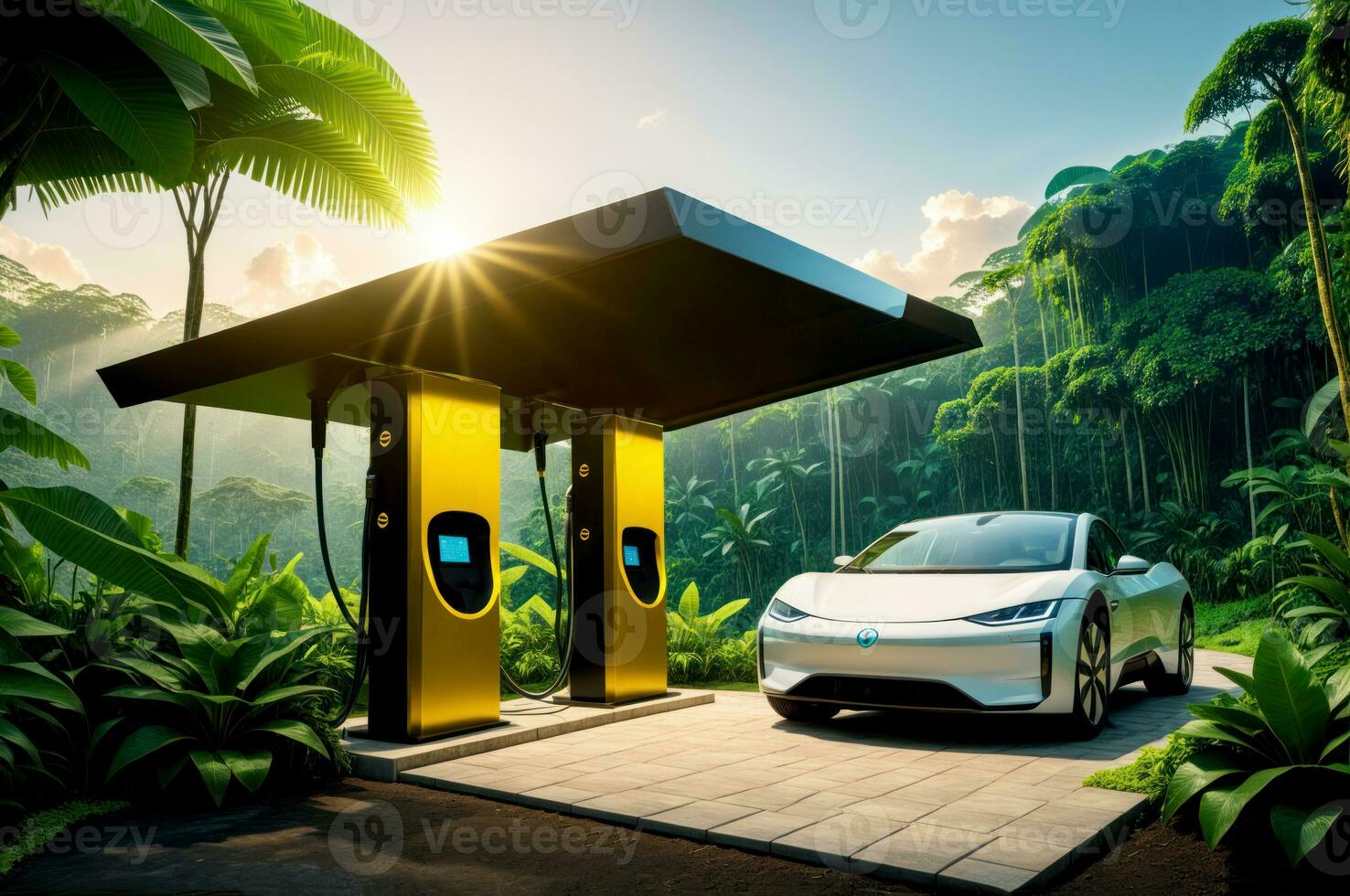 Lush Rainforest Sunset,  Sustainable EV Charging Haven, AI Generated photo