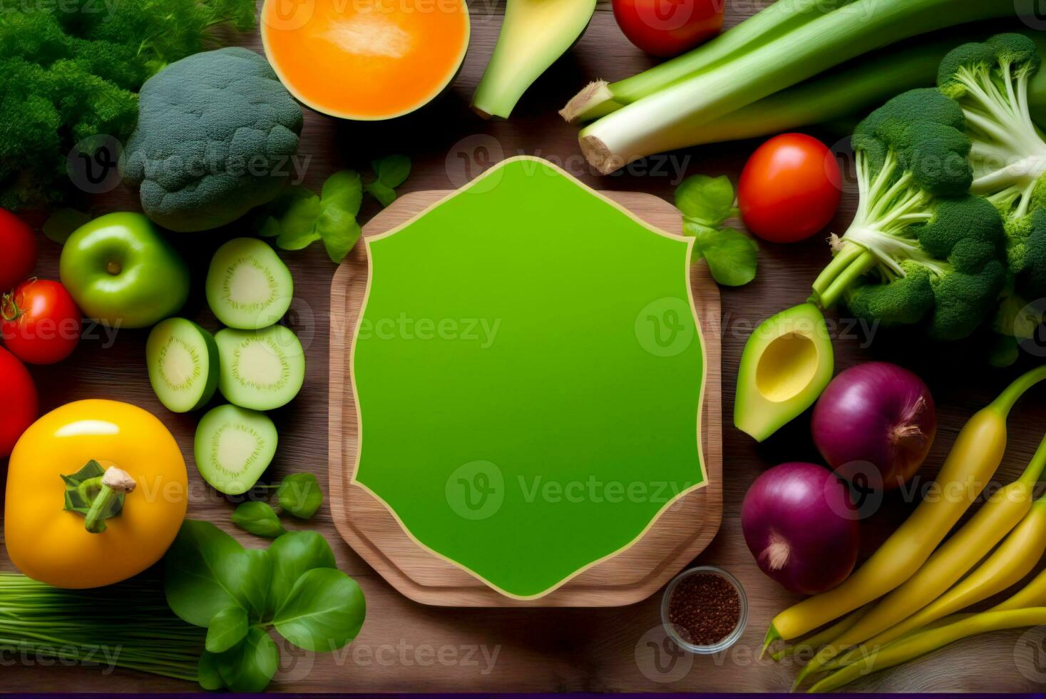 Healthy food background with fresh vegetables and wooden board with copy space, world vegan day, AI Generated photo