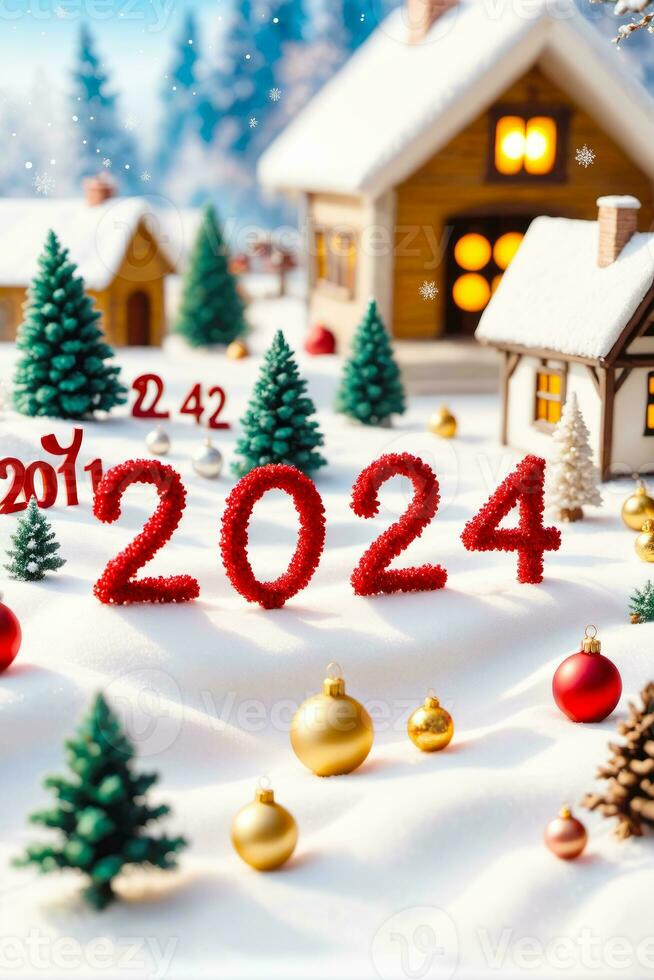 encantador invierno miniatura, alegre Navidad 2024 nuevo año alegría, ai generado foto