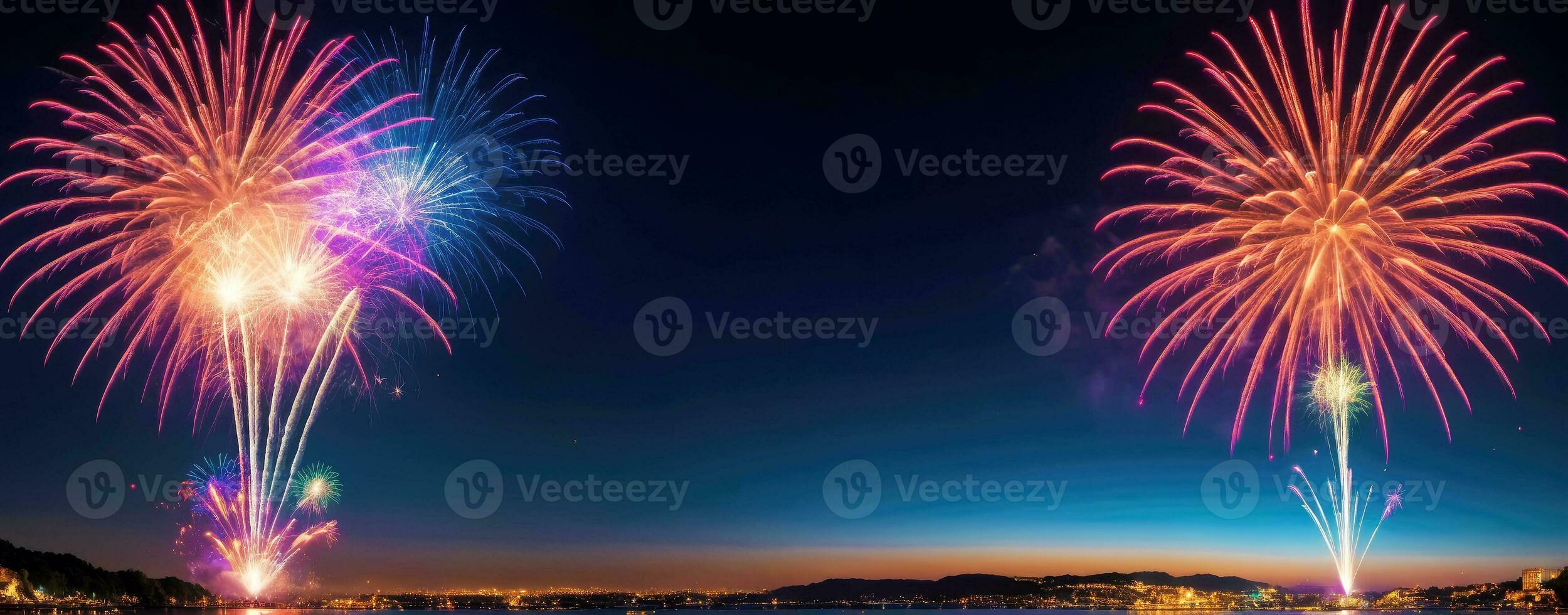 Spectacular Panorama Fireworks, Vibrant Stock Photo, AI Generated photo