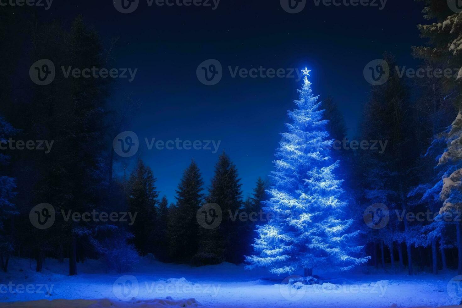 Magical Christmas Tree in Snowy Forest at Night, AI Generated photo