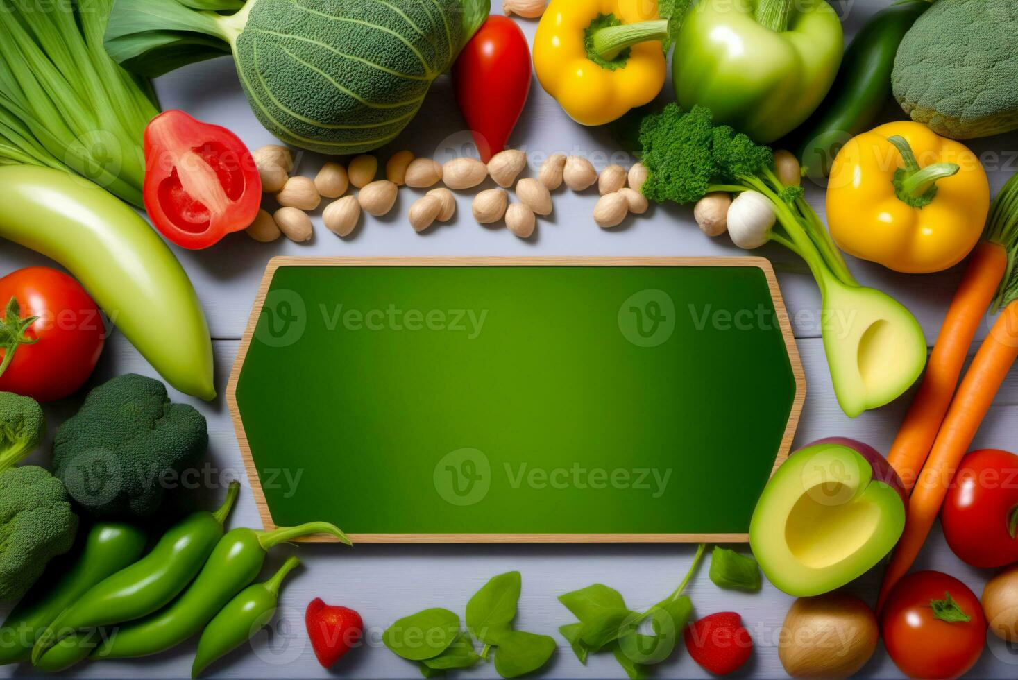 Healthy food background with fresh vegetables and empty chalkboard on wooden table, world vegan day, AI Generated photo