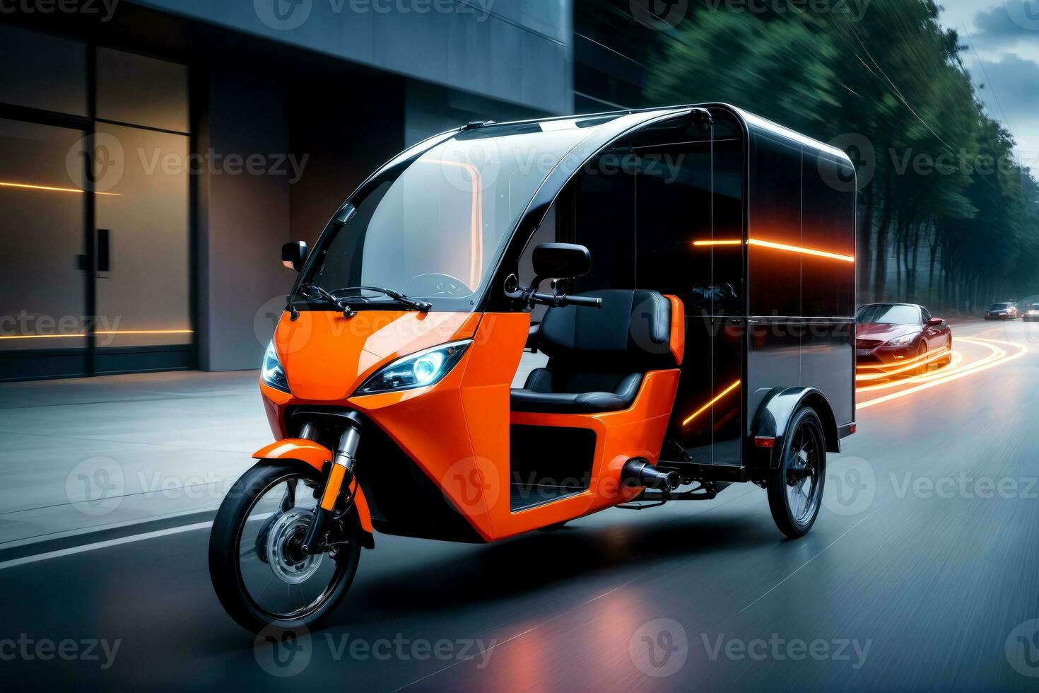 Sleek E Cargo Trike, Minimalist Design in Tempered Glass Long Exposure, AI Generated photo