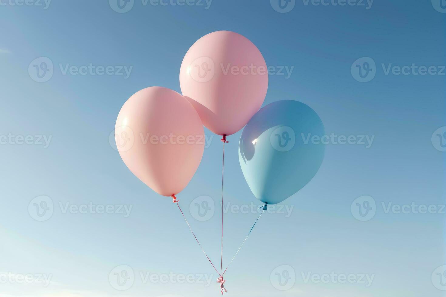 sereno pastel globos a la deriva en un minimalista azul cielo, ai generado foto