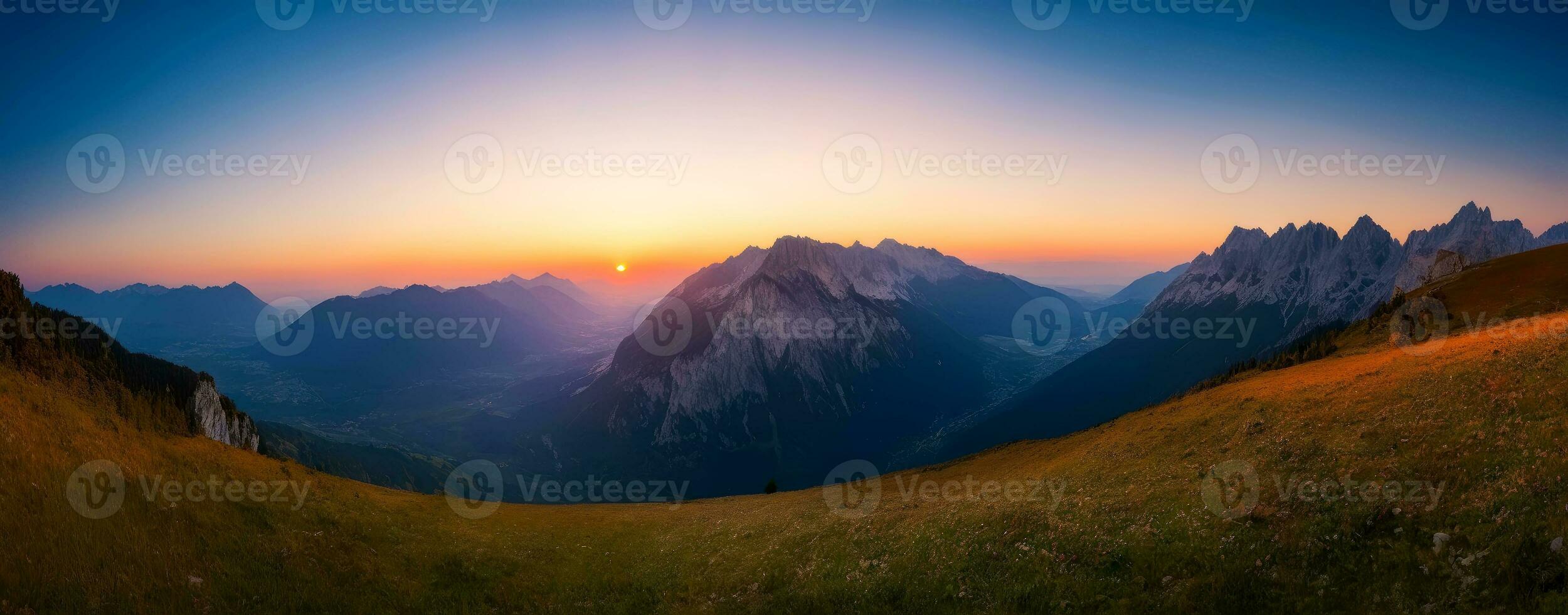 Golden Hour on the Peaks, Sunset Mountain Panorama, AI Generated photo