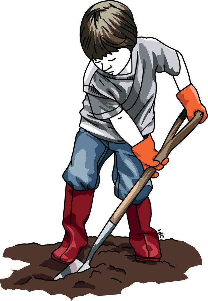 ilustración de un chico jardinería utilizando un pala vector