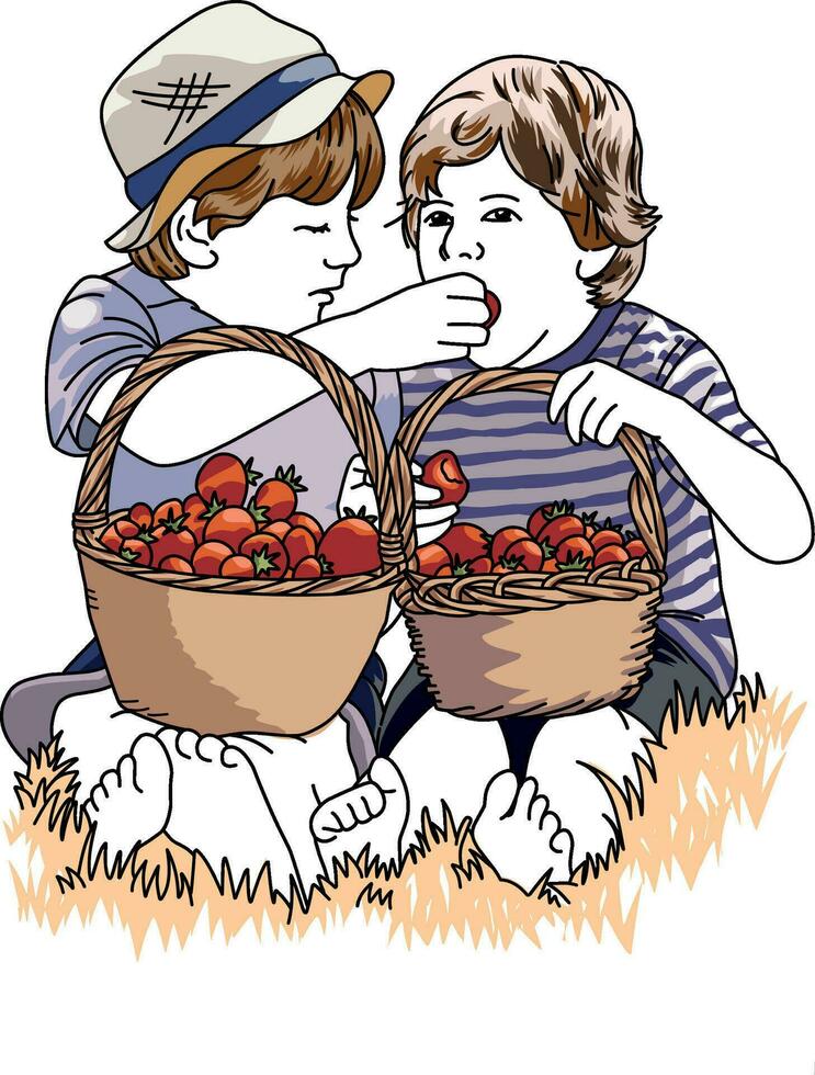 hermanos comer fresas en un cesta durante un picnic vector