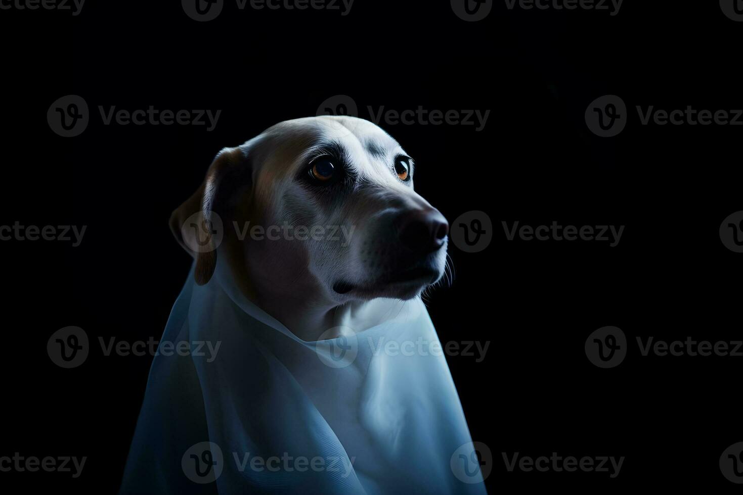 Lovely disguised Halloween dog wearing ghost costume, AI generative photo