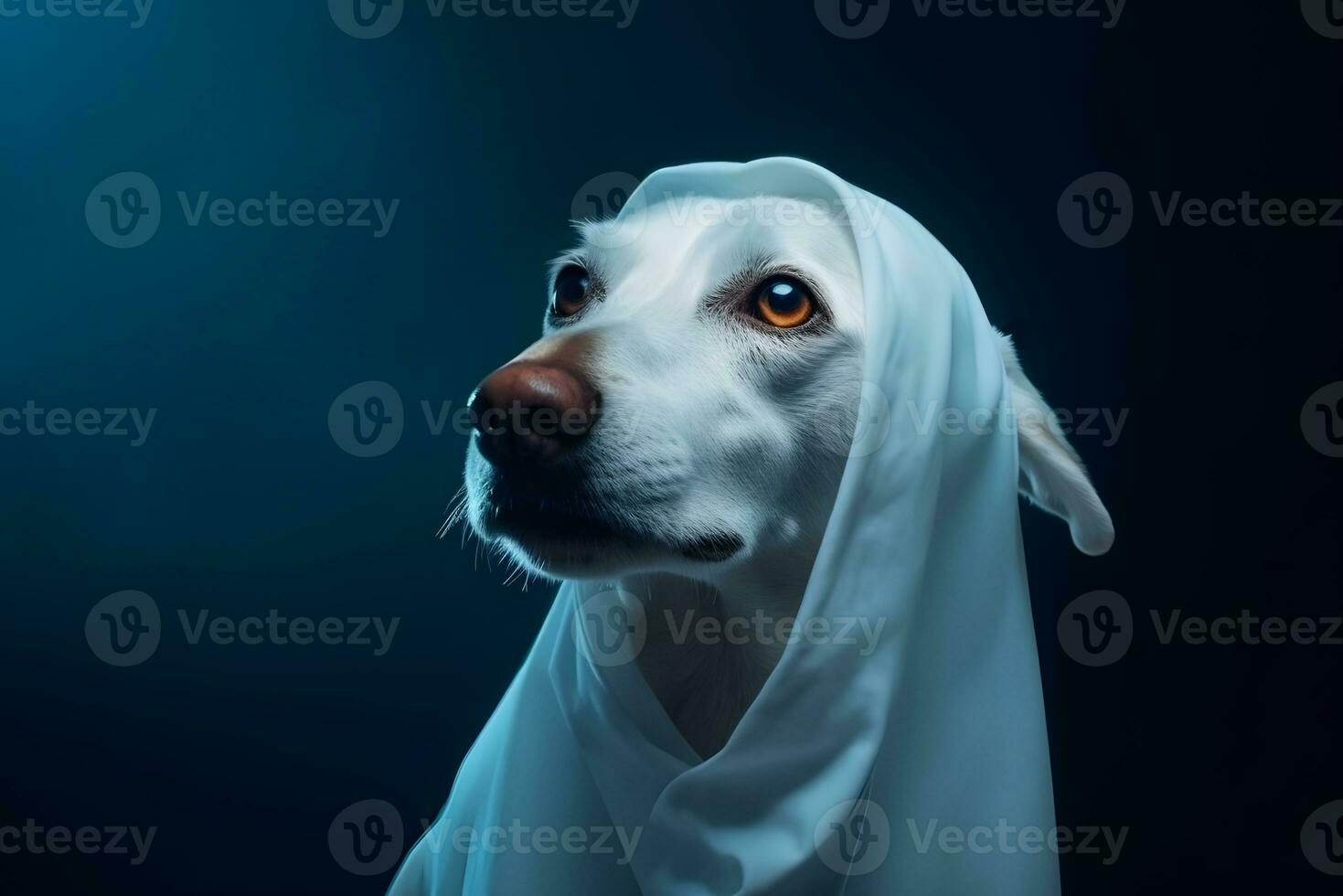 Lovely disguised Halloween dog wearing ghost costume, AI generative photo