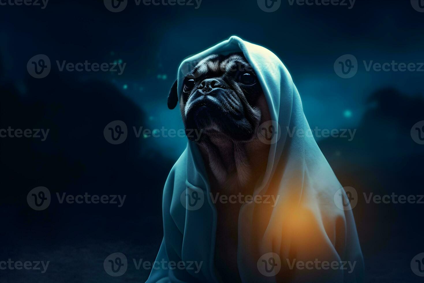Lovely disguised Halloween dog wearing ghost costume, AI generative photo