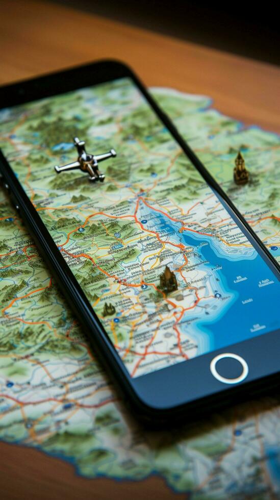 A mobile phone placed on top of tourist maps, ready for adventure Vertical Mobile Wallpaper AI Generated photo