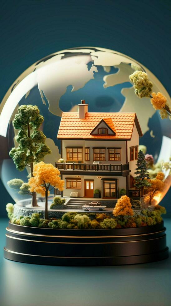 A model house with a globe atop symbolizing global homeownership Vertical Mobile Wallpaper AI Generated photo