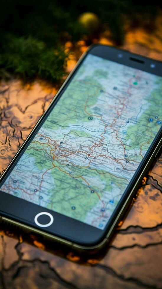 A mobile phone placed on top of tourist maps, ready for adventure Vertical Mobile Wallpaper AI Generated photo