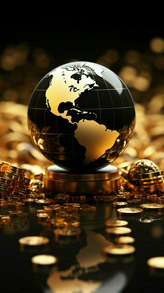 un precioso negro y oro globo enmarcado por un montón de oro monedas vertical móvil fondo de pantalla ai generado foto