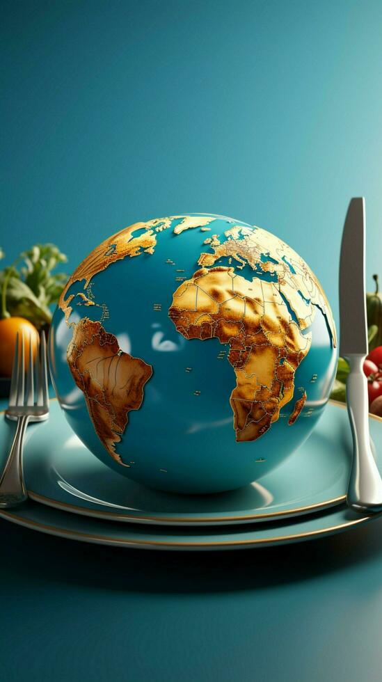 A plate holds a globe with a fork, set against a blue background Vertical Mobile Wallpaper AI Generated photo