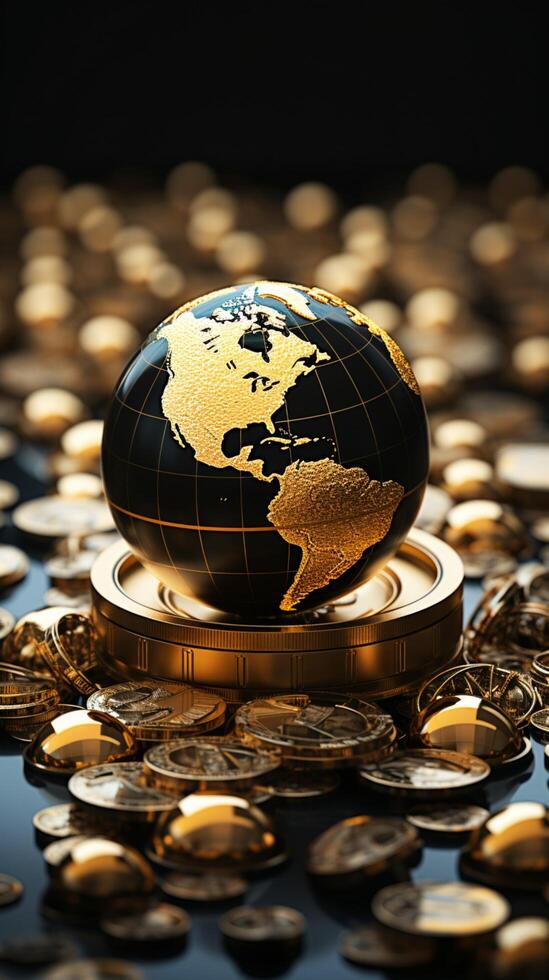 A precious black and gold globe framed by a heap of gold coins Vertical